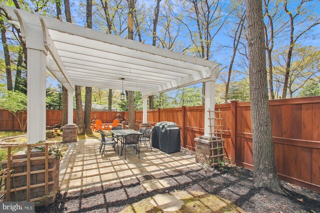 view of patio with a fenced backyard, a pergola, grilling area, and outdoor dining area
