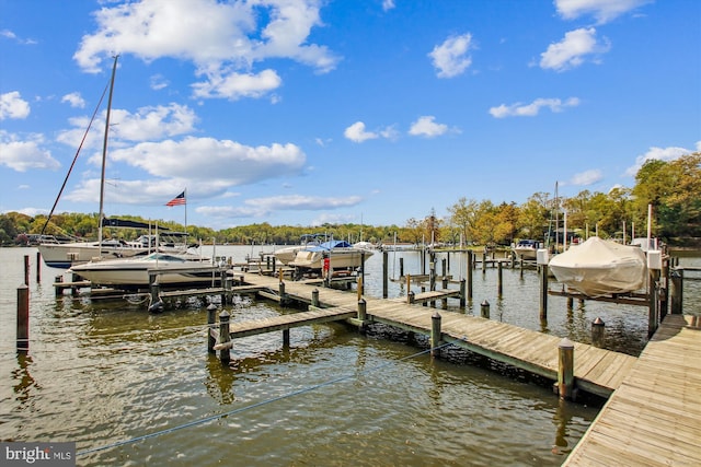 dock area featuring boat lift and a water view