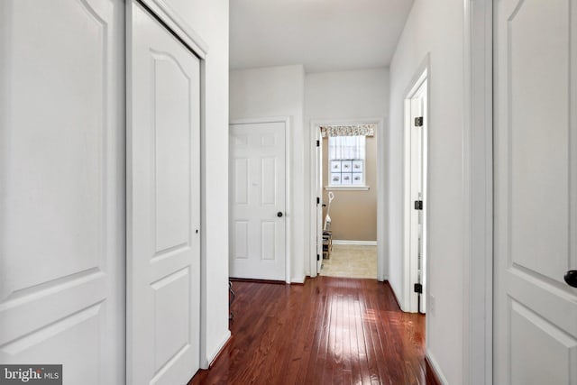 corridor with baseboards and dark wood-style flooring