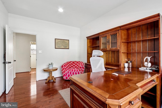 home office featuring recessed lighting and dark wood-style floors