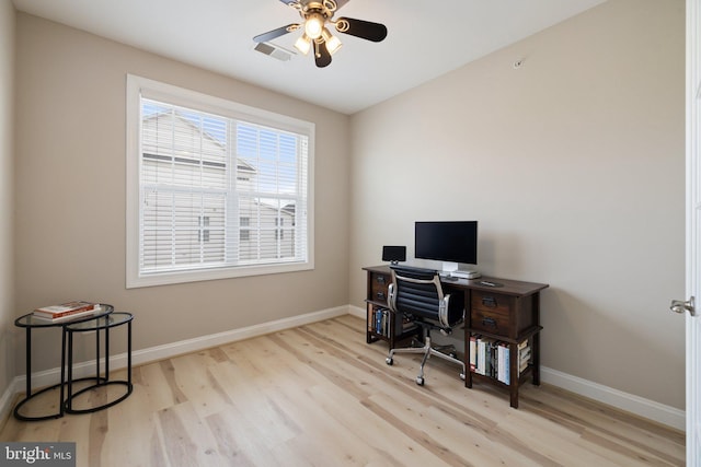 home office with baseboards, visible vents, ceiling fan, and light wood-type flooring