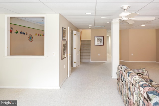 1432 Quaker Rdg, West Chester, PA 19380 - hall featuring recessed lighting, stairway, baseboards, a drop ceiling, and light colored carpet