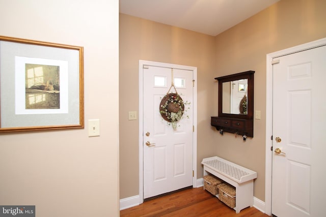 foyer entrance with baseboards and wood finished floors