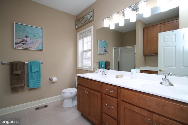 full bathroom with a shower stall, visible vents, baseboards, and a sink