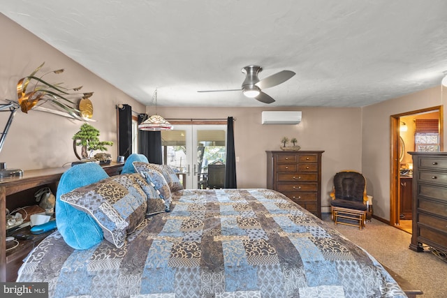 bedroom with a ceiling fan and a wall mounted air conditioner