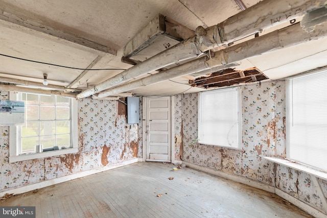 5342 Main St, Stephens City, VA 22655 - below grade area featuring wallpapered walls, electric panel, hardwood / wood-style flooring, and baseboards