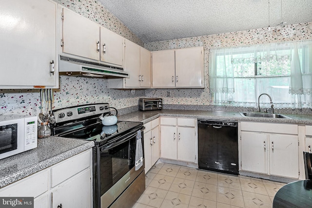 kitchen with black dishwasher, stainless steel electric range, under cabinet range hood, a sink, and white microwave