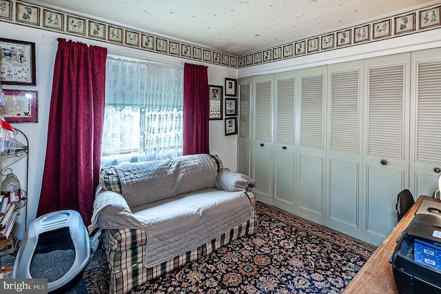 living area featuring carpet