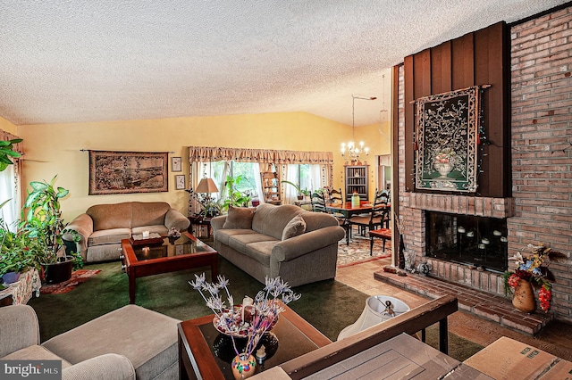 living room featuring a textured ceiling, a chandelier, vaulted ceiling, and carpet flooring