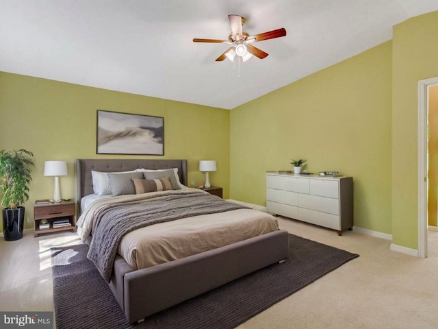 bedroom featuring carpet flooring, baseboards, and ceiling fan