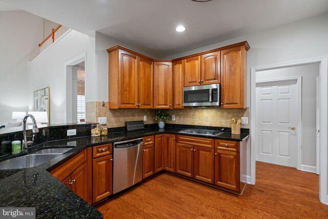 kitchen featuring backsplash, wood finished floors, stainless steel appliances, and a sink