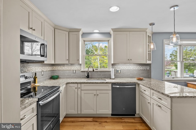 kitchen featuring stainless steel appliances, backsplash, light wood finished floors, a sink, and a peninsula