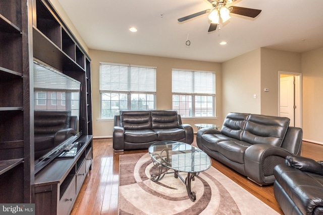 411 Cope Ct, Sellersville, PA 18960 - living room featuring wood-type flooring, baseboards, a ceiling fan, and recessed lighting