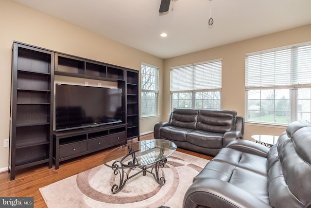 411 Cope Ct, Sellersville, PA 18960 - living room featuring recessed lighting, wood finished floors, baseboards, and ceiling fan