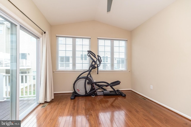 411 Cope Ct, Sellersville, PA 18960 - exercise area featuring baseboards, visible vents, lofted ceiling, a ceiling fan, and wood-type flooring