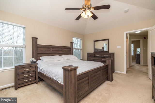 411 Cope Ct, Sellersville, PA 18960 - bedroom with vaulted ceiling, a ceiling fan, light carpet, baseboards, and visible vents