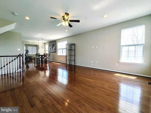 411 Cope Ct, Sellersville, PA 18960 - interior space with hardwood / wood-style floors, a ceiling fan, baseboards, and recessed lighting