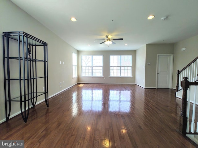 411 Cope Ct, Sellersville, PA 18960 - unfurnished living room with baseboards, recessed lighting, stairs, ceiling fan, and hardwood / wood-style floors