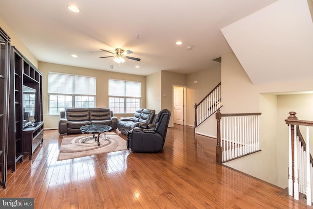 411 Cope Ct, Sellersville, PA 18960 - living room with ceiling fan, baseboards, wood finished floors, and recessed lighting