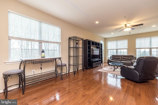 411 Cope Ct, Sellersville, PA 18960 - living room featuring baseboards, visible vents, recessed lighting, ceiling fan, and wood-type flooring