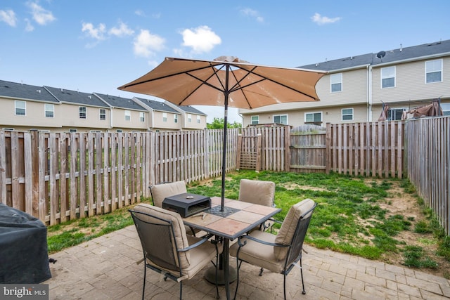 view of patio with outdoor dining space, a residential view, and a fenced backyard