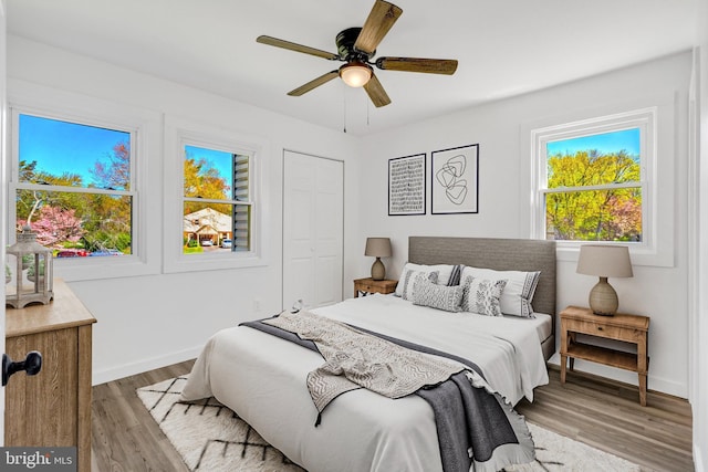 bedroom featuring baseboards, a ceiling fan, wood finished floors, and a closet