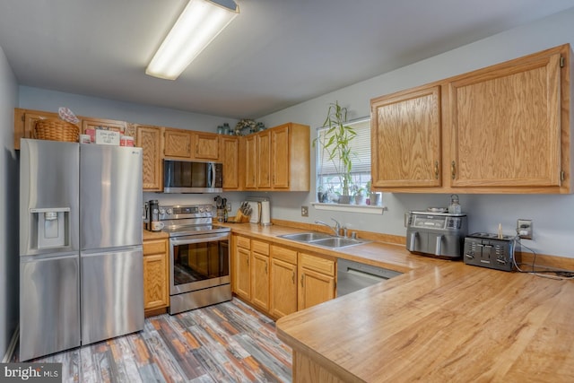 kitchen with a sink, appliances with stainless steel finishes, and wood finished floors