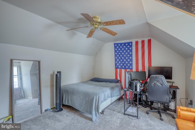 bedroom with carpet floors, ceiling fan, and vaulted ceiling