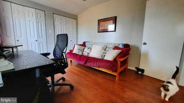 office space featuring lofted ceiling and wood finished floors
