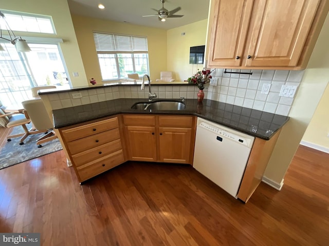 35 Galileo Dr, Cranbury, NJ 08512 - kitchen with dishwasher, a ceiling fan, dark wood-style flooring, and a sink