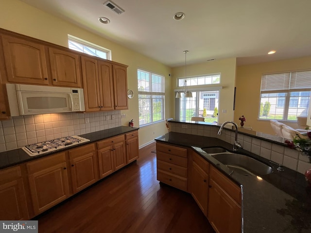 35 Galileo Dr, Cranbury, NJ 08512 - kitchen with a wealth of natural light, a sink, dark wood finished floors, white microwave, and gas stovetop