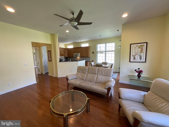 35 Galileo Dr, Cranbury, NJ 08512 - living room with baseboards, a ceiling fan, dark wood-style floors, and recessed lighting