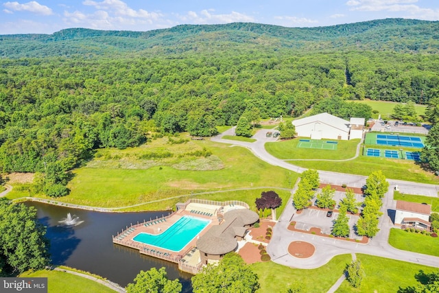 birds eye view of property featuring a water and mountain view and a view of trees
