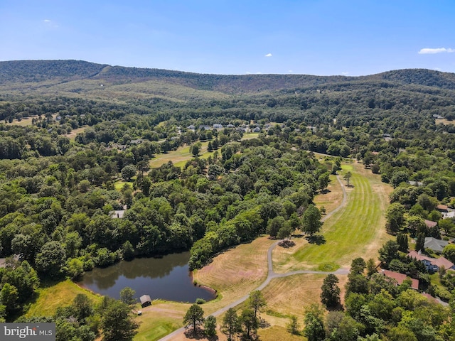 birds eye view of property featuring a water and mountain view and a forest view