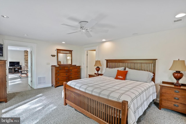 carpeted bedroom with baseboards, visible vents, a ceiling fan, and recessed lighting