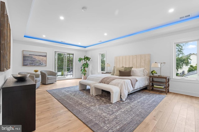 3418 Arnold Ln, Falls Church, VA 22042 - bedroom featuring visible vents, baseboards, a raised ceiling, recessed lighting, and light wood finished floors