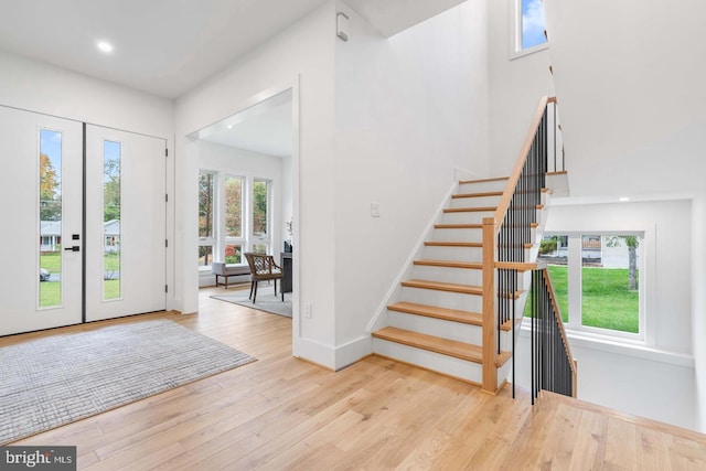 3418 Arnold Ln, Falls Church, VA 22042 - entrance foyer with baseboards, a high ceiling, recessed lighting, stairway, and wood finished floors