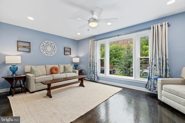 1448 Sheridan St NW, Washington, DC 20011 - living room featuring baseboards, ceiling fan, recessed lighting, and dark wood finished floors