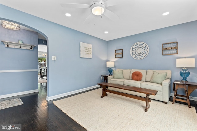 1448 Sheridan St NW, Washington, DC 20011 - living room with baseboards, wood finished floors, arched walkways, a ceiling fan, and recessed lighting