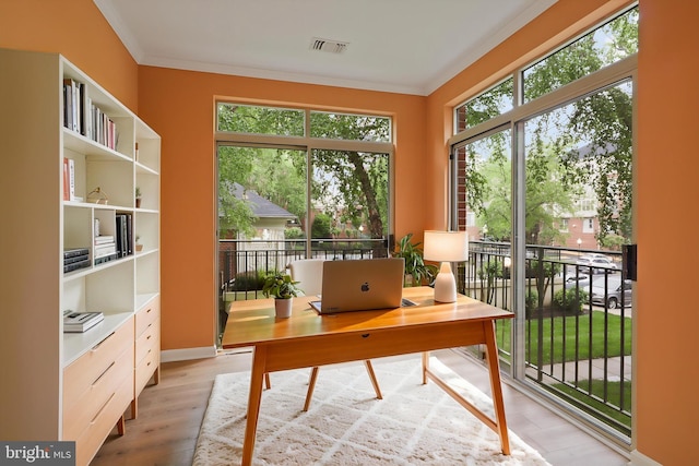 office space featuring light wood finished floors, ornamental molding, and visible vents