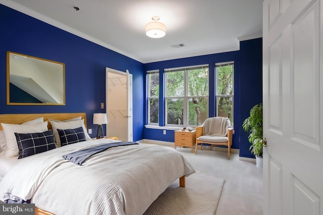 carpeted bedroom featuring crown molding, visible vents, and baseboards