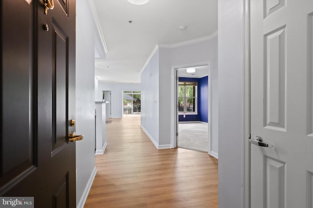 hallway featuring light wood finished floors, ornamental molding, and baseboards