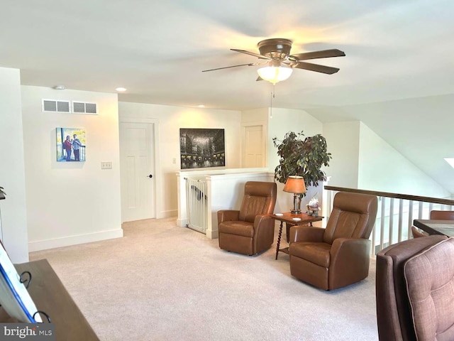 1605 Quincey Dr, Mechanicsburg, PA 17050 - sitting room featuring light carpet, visible vents, a ceiling fan, and an upstairs landing