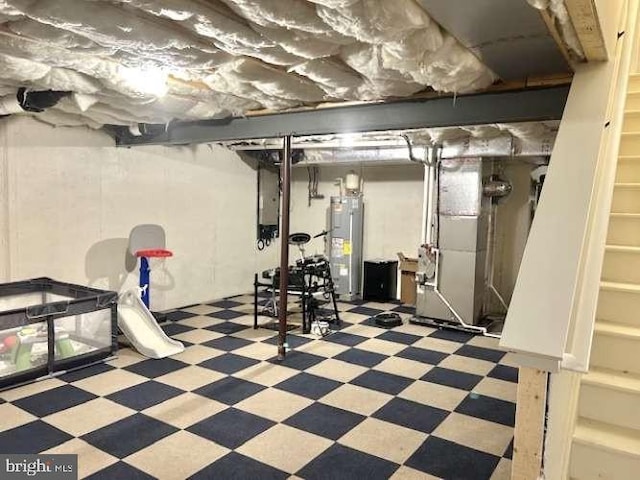 1605 Quincey Dr, Mechanicsburg, PA 17050 - unfinished basement featuring tile patterned floors, water heater, and heating unit