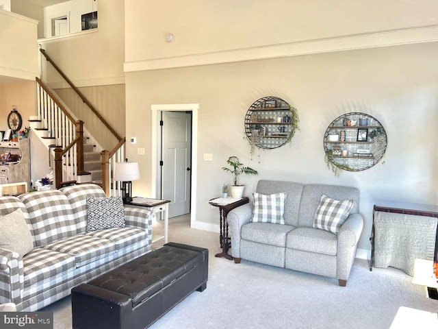 1605 Quincey Dr, Mechanicsburg, PA 17050 - living room featuring stairway, carpet, a high ceiling, and baseboards