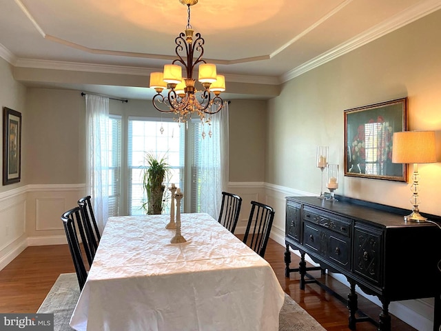 dining room featuring an inviting chandelier, wood finished floors, a tray ceiling, and a wainscoted wall