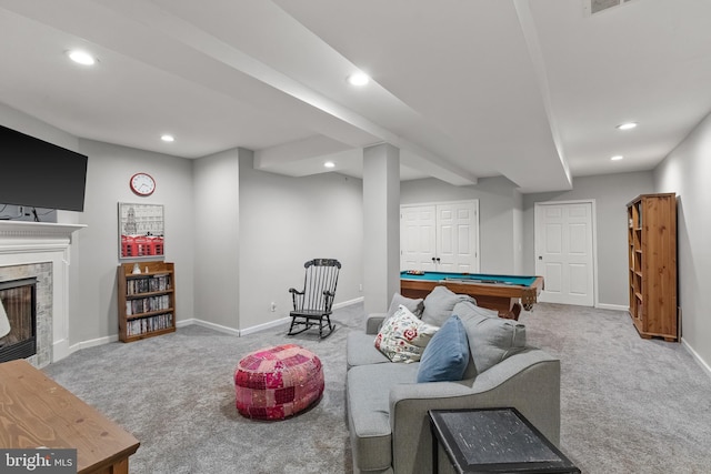 41 Hillview Rd, Morgantown, PA 19543 - rec room with carpet floors, billiards table, recessed lighting, a high end fireplace, and baseboards