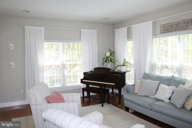 sitting room with baseboards and wood finished floors