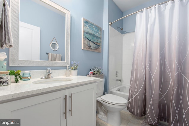 bathroom featuring tile patterned flooring, toilet, vanity, and shower / bathtub combination with curtain