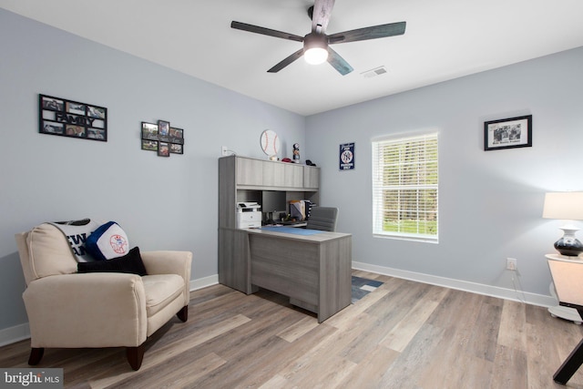 office area featuring a ceiling fan, baseboards, visible vents, and light wood finished floors
